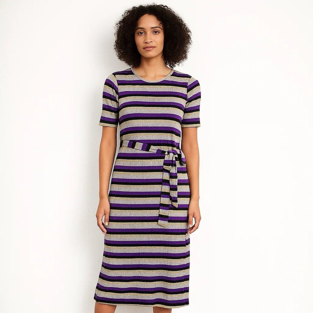 New Modcloth‎ Multicolor Striped Shimmer Belted Midi Dress Large Holiday Casual